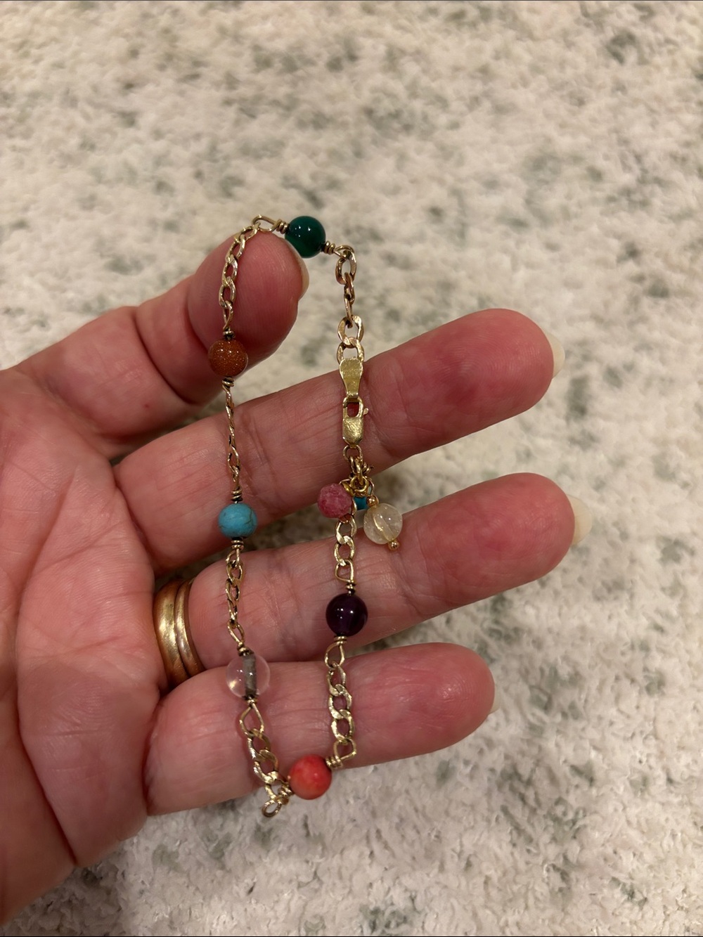 Colorful Semi Prescious Stones Beaded 14 kt Gold Chain Bracelet RS - Picture 4 of 9